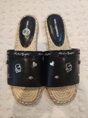 Karl Lagerfeld Paris Tulia Black Embellished Slide Espadrille Size 91/2  New